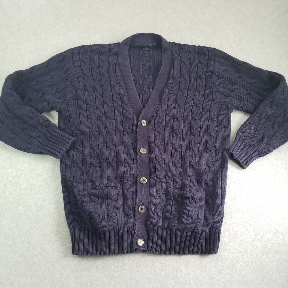 VTG J.Crew Oarsman Cardigan Sweater Mens Large Navy Blue Cable Knit Button 90s